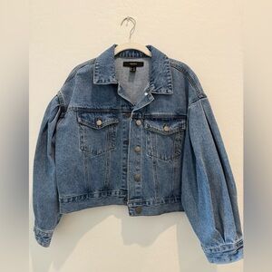 Forever 21 Classic Blue Jean Button Up Jacket with Oversize Puff Balloon Sleeves